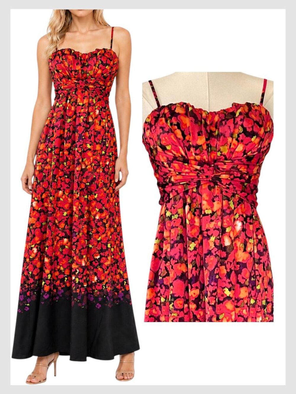 Jessica Simpson Maxi Dress Red Black Floral Empire Waist Size 6